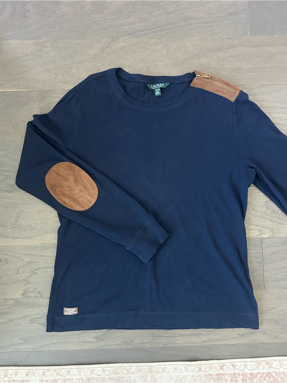 Lauren Ralph Lauren Navy Knit Top XL Suede Elbow Patches Zip Hem size XL
